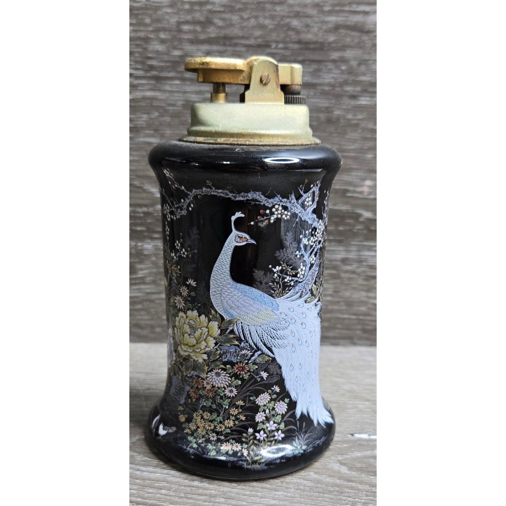 Vintage Shibata Colibri Japan Table Lighter Black Porcelain Peacock Floral